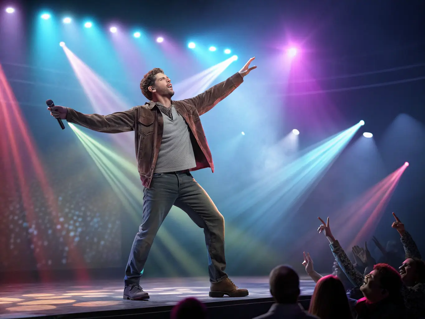 A dynamic shot of a solo theatre performer delivering a monologue with intense emotion, showcasing the power of storytelling on stage.