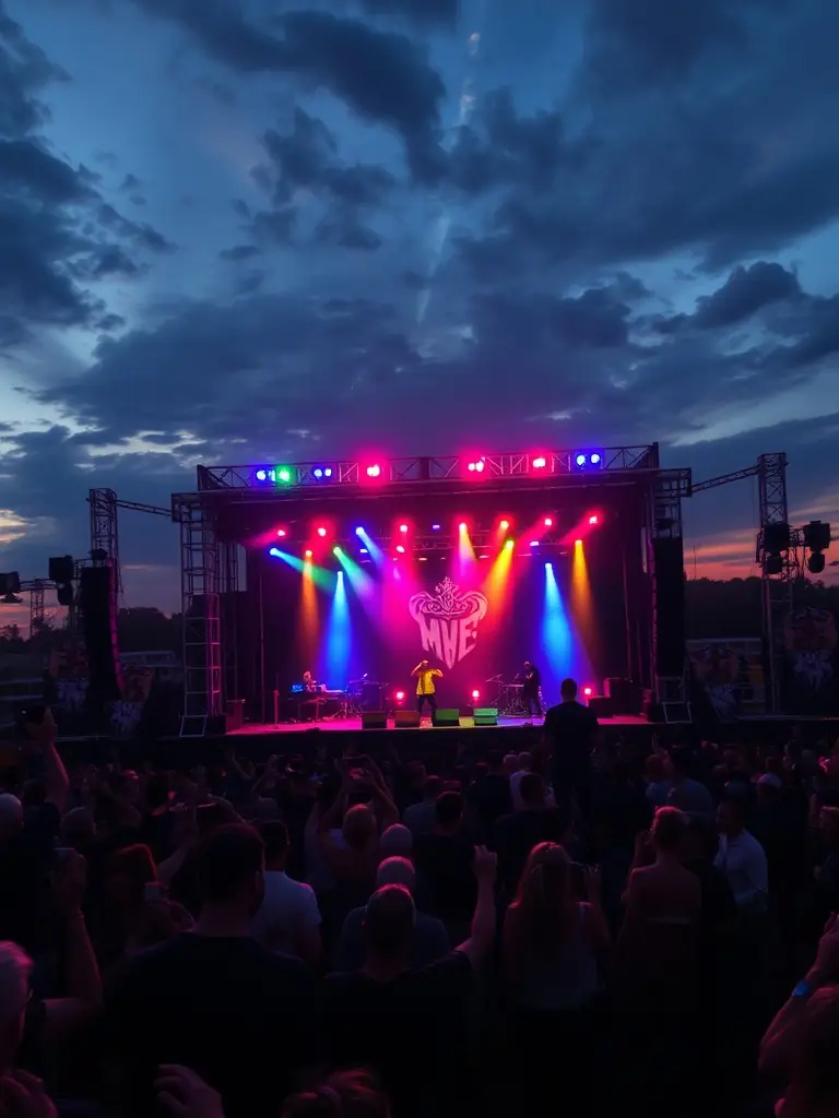 A vibrant photograph capturing the energy of the opening night of the Solo Performing Arts Festival, with a spotlight on a musician performing solo on stage, surrounded by an engaged audience.