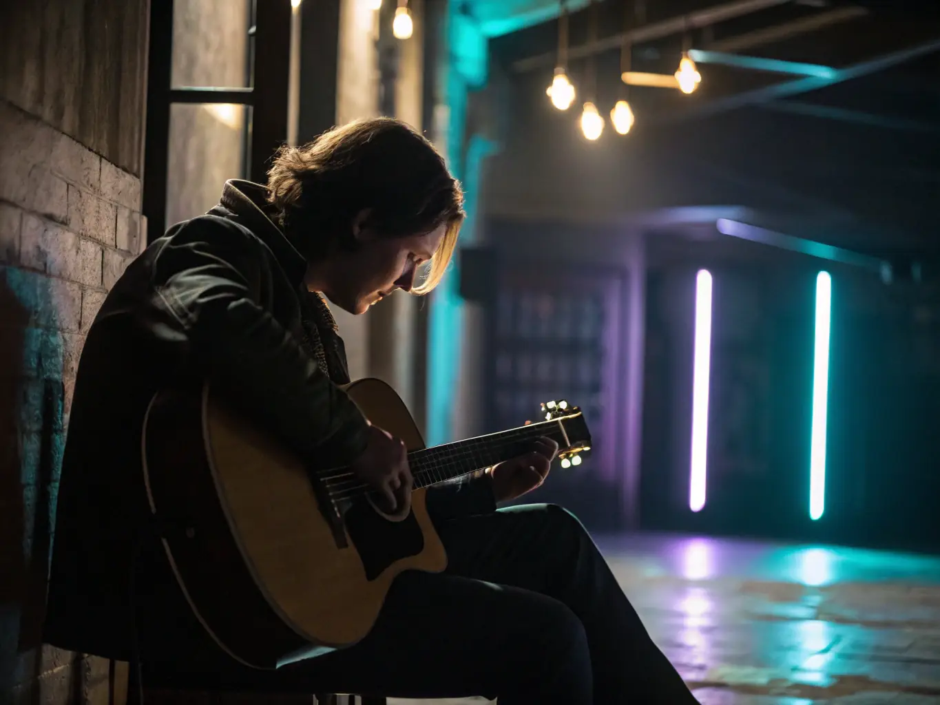 A solo musician playing a guitar on a dimly lit stage during the TOUT SEUL DEVANT TOUT LE MONDE festival, showcasing the intimate and captivating nature of solo musical performances.