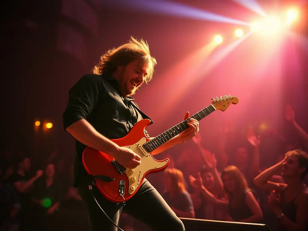 A vibrant photograph capturing the energy of a past festival, with a solo musician performing on stage under colorful lights, surrounded by an enthusiastic audience.