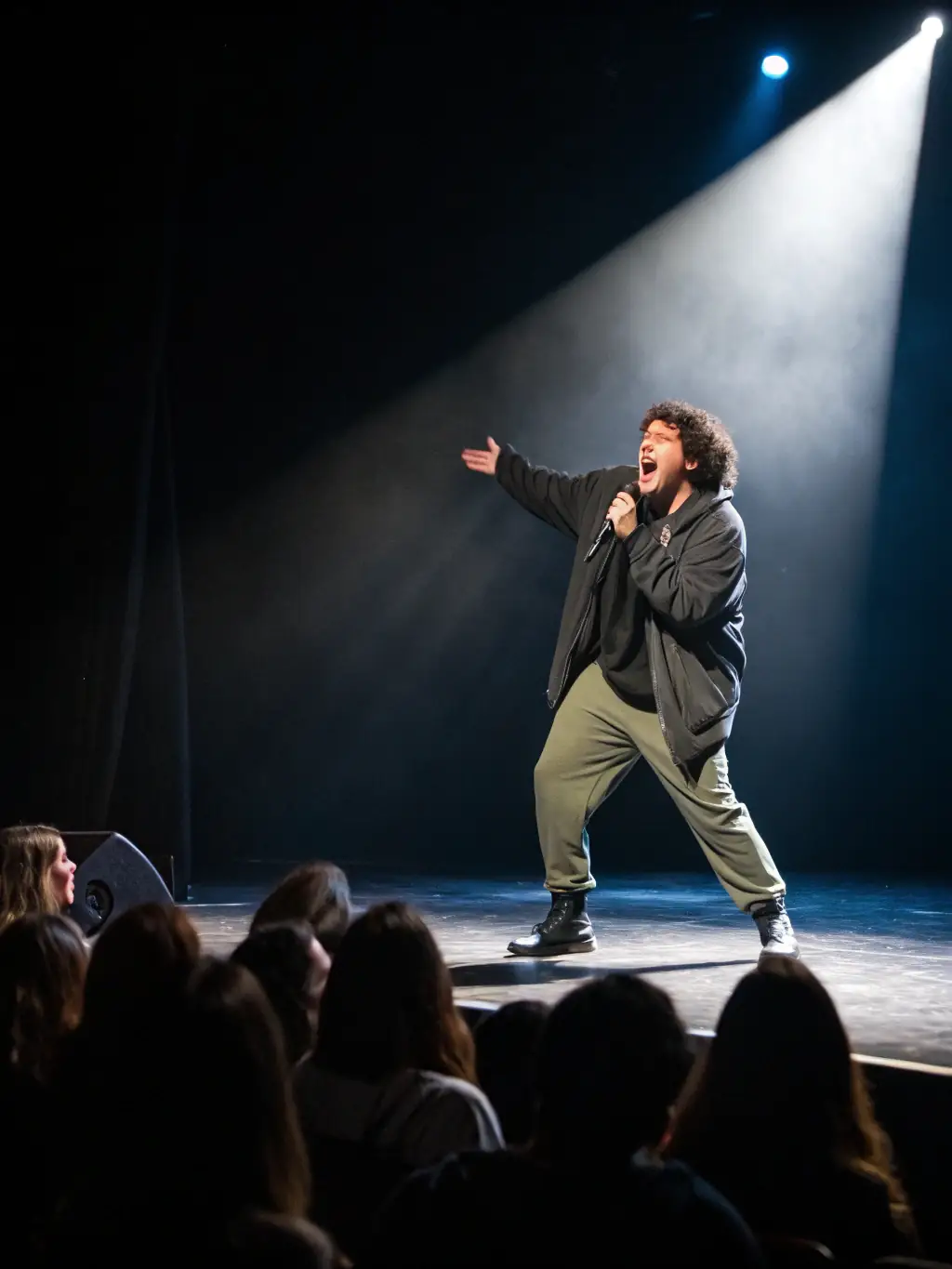A lone actor dramatically reciting a monologue on stage, bathed in a single spotlight, representing the theatrical arts at the festival.