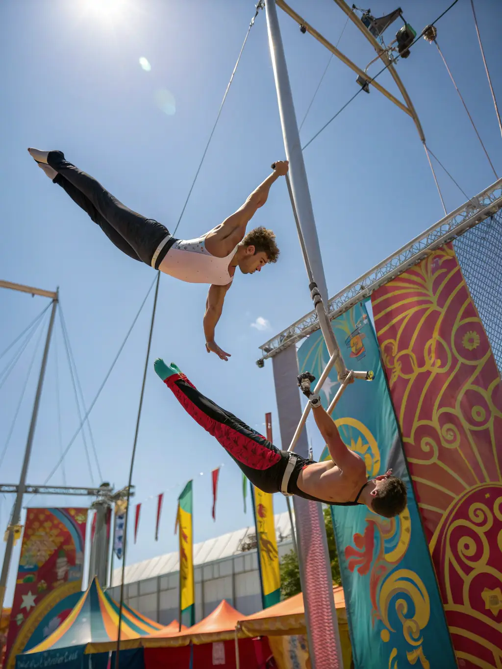 A striking image of a solo circus artist performing an acrobatic feat, demonstrating the skill and daring of circus arts as a form of solo entertainment at the TOUT SEUL DEVANT TOUT LE MONDE festival.